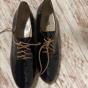 Karl Lagerfeld Black Patent Leather Oxfords with Tan Laces